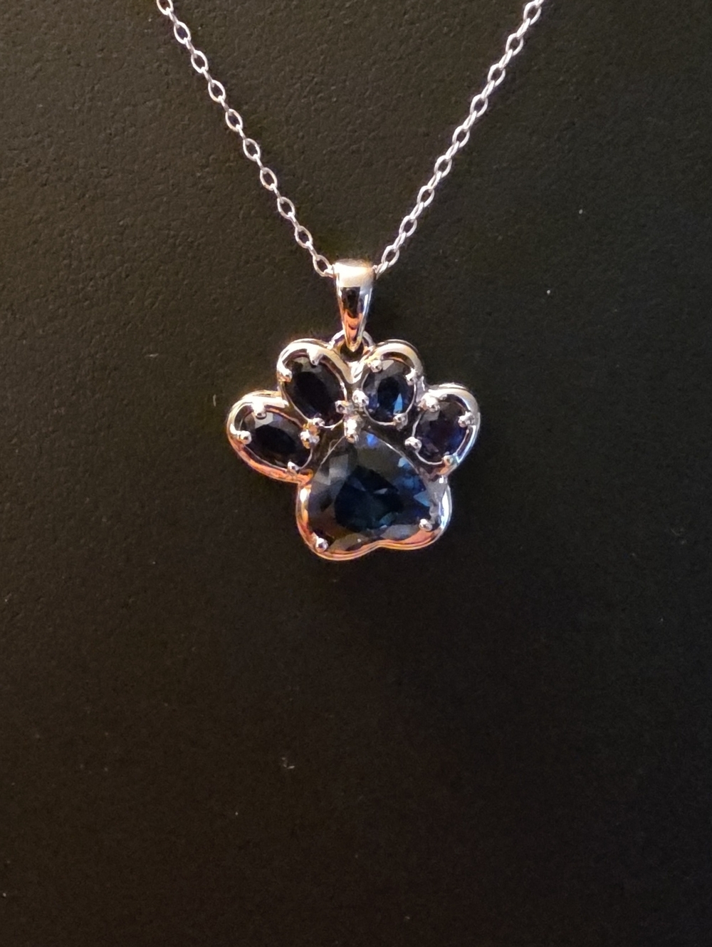 JTV Lab Created Blue Sapphire Rhodium/Silver Paw Print Pendant W/Chain